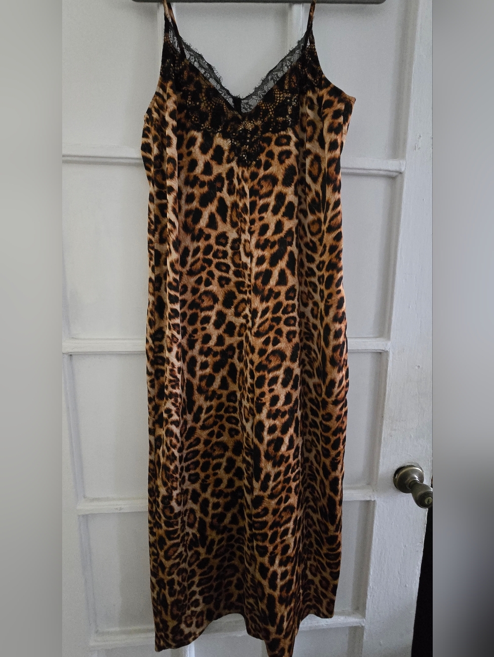 Leopard Print Satin Slip Romper with Lace Trim